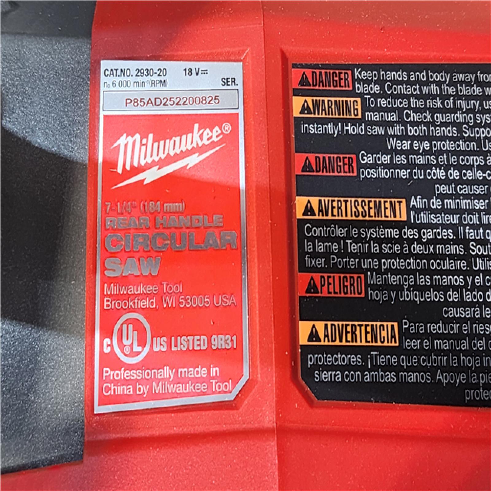 HOUSTON LOCATION - AS-IS (APPEARS LIKE NEW) MILWAUKEE 7-1/4 REAR HANDLE CIRCULAR SAW (TOOL ONLY)