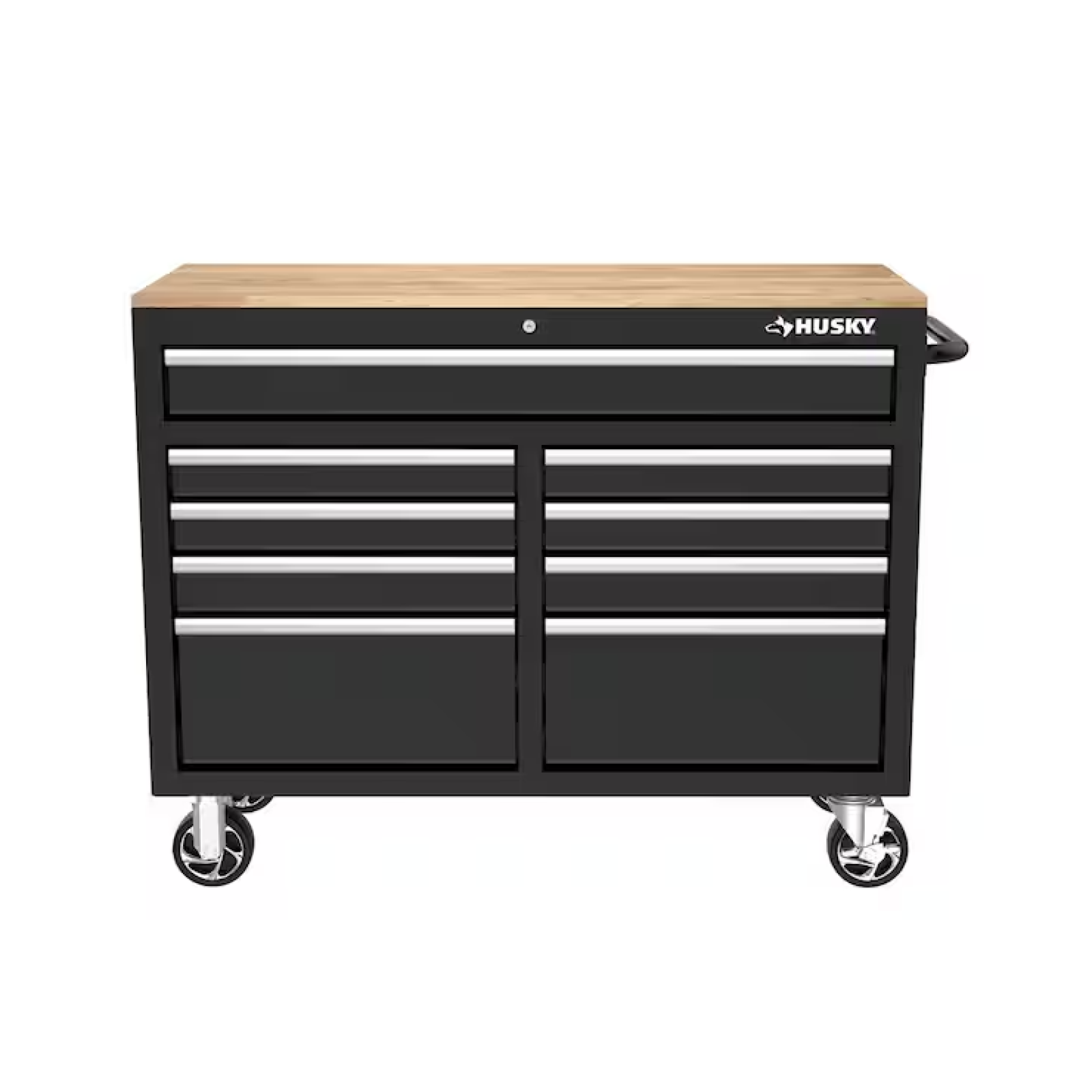 DALLAS LOCATION-AS-IS HUSKY 46IN 9-DRAWER MOBILE WORKBENCH SOLID WOOD TOP IN GLOSS BLACK