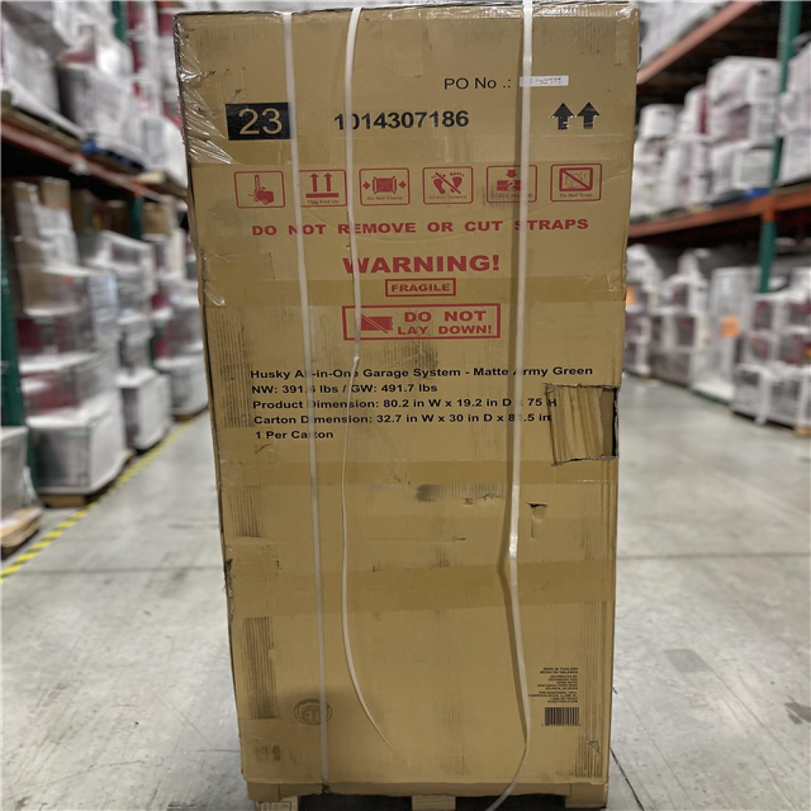 DALLAS LOCATION - Husky 80.2 in. W x 75 in. H x 19.2 in. D Steel 8-Piece Garage Storage System in Matte Army Green with Solid Wood Worktop