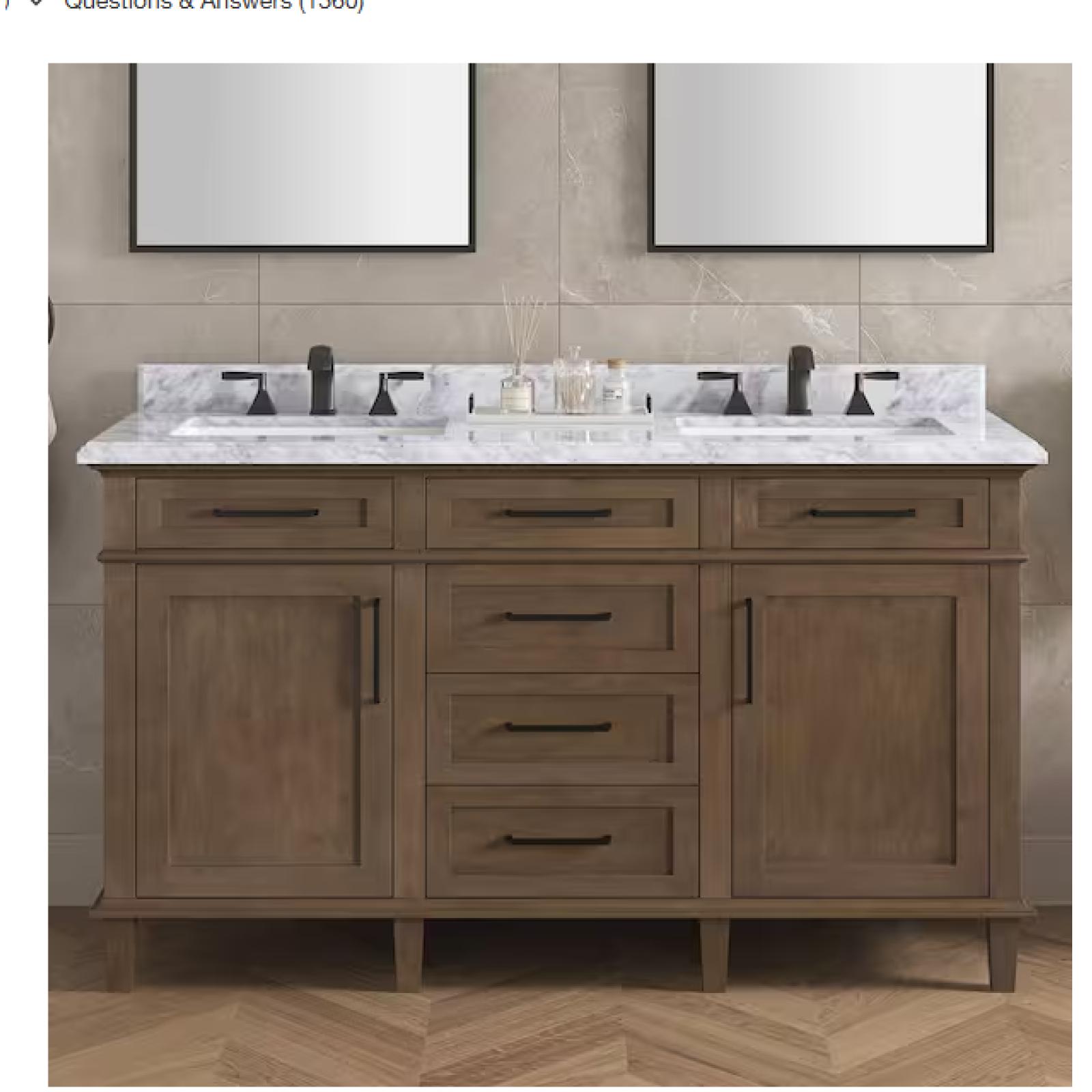 DALLAS LOCATION - Home Decorators Collection Sonoma 60 in. Double Sink Almond Latte Bath Vanity with Carrara Marble Top (Assembled)