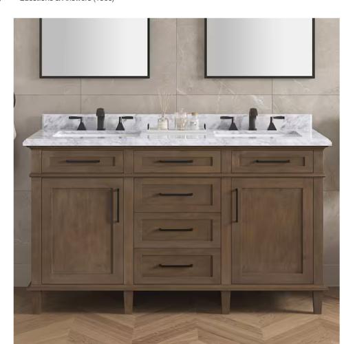 DALLAS LOCATION - Home Decorators Collection Sonoma 60 in. Double Sink Almond Latte Bath Vanity with Carrara Marble Top (Assembled)