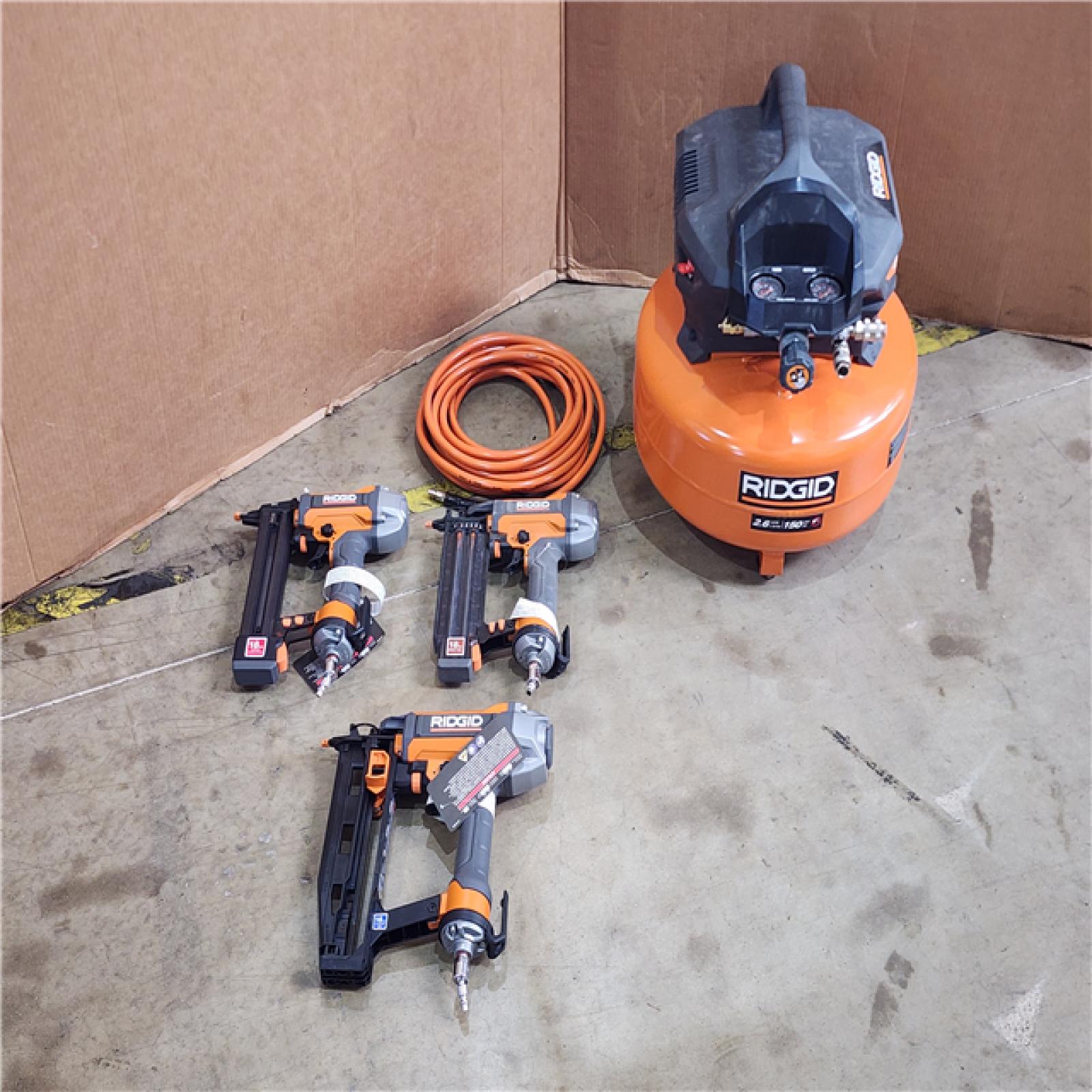 HOUSTON LOCATION - AS-IS (APPEARS LIKE NEW) RIGID 6 Gal. 150 PSI Electric Air Compressor with 25 Ft. Hose  18GA Brad Nailer  16GA Finish Nailer and 18GA Finish Stapler