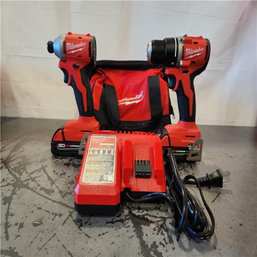 AS-IS- Milwaukee M18 18V Lithium-Ion Brushless Cordless Compact Drill/Impact Combo Kit (2-Tool) W/(2) 2.0 Ah Batteries  Charger & Bag