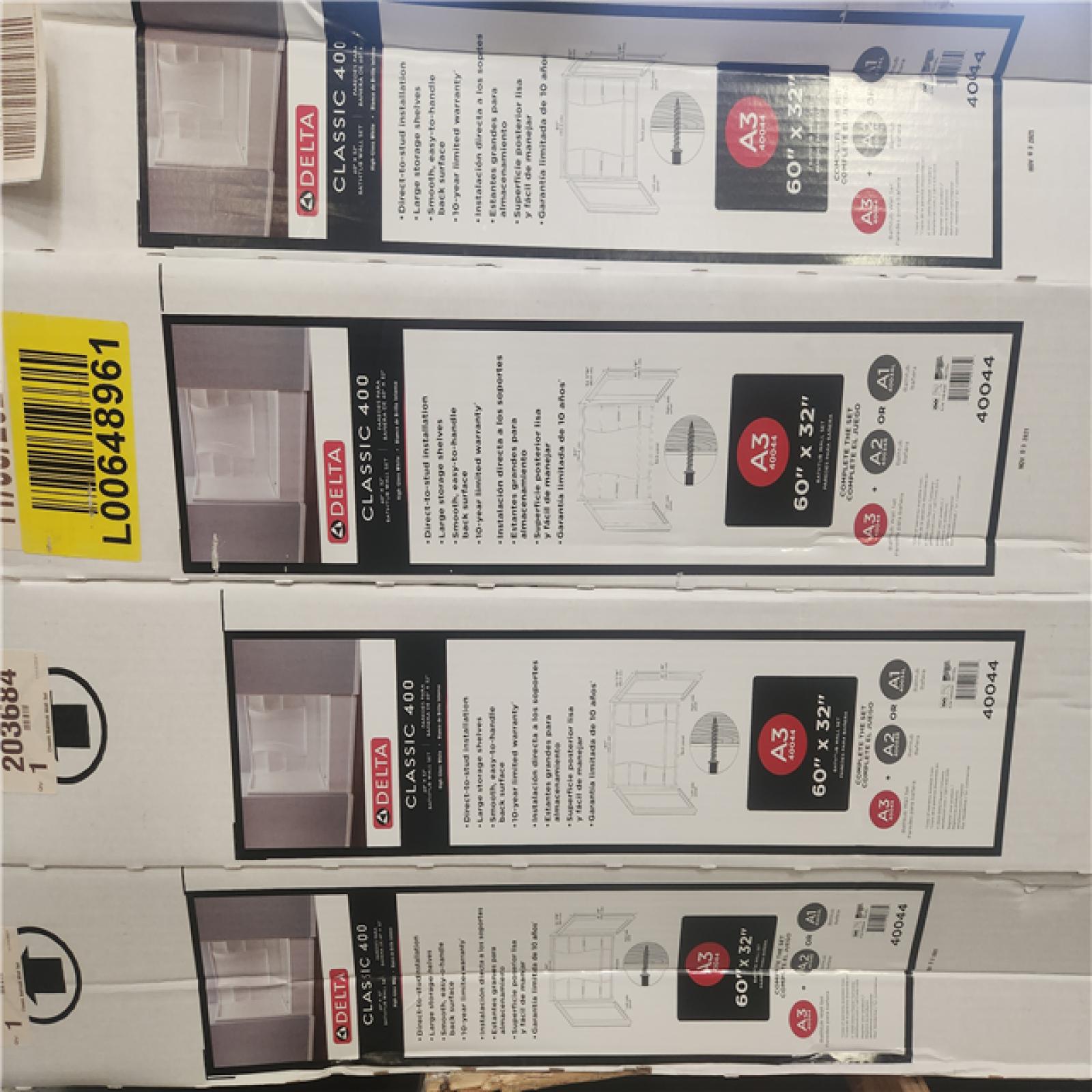 Phoenix Location NEW Delta Classic 400 60 in. W x 60 in. H x 32 in. D Three Piece Direct to Stud Tub Surround in High Gloss White Pallet (4 Total)