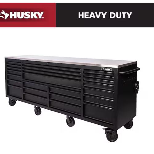DALLAS LOCATION - Husky Tool Storage Heavy Duty 96 in. W x 24 in. D Matte Black Mobile Workbench Cabinet with Stainless Steel Top