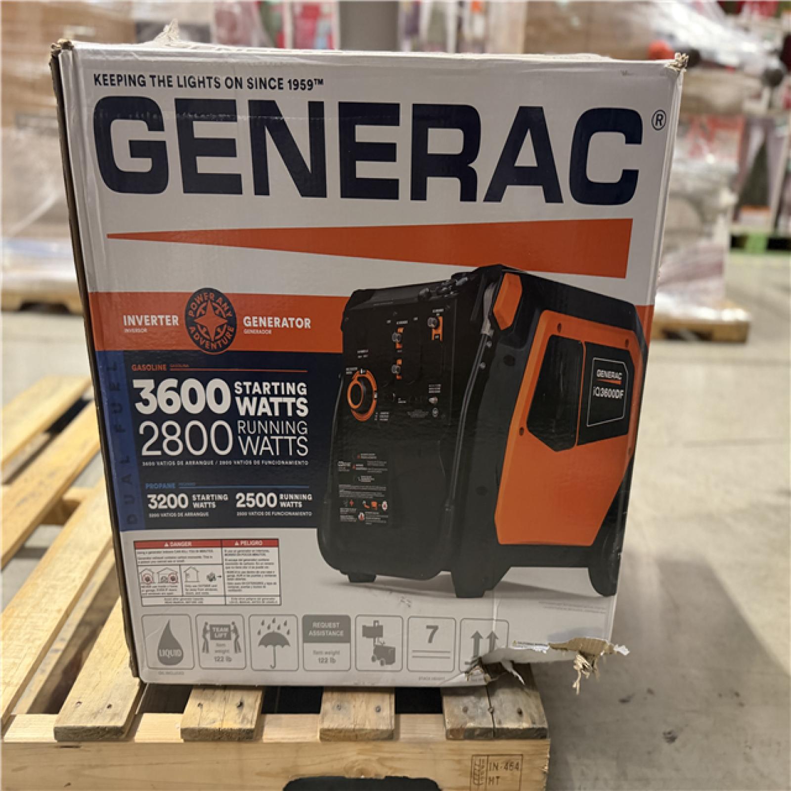 DALLAS LOCATION - Generac 3600 / 3000-Watt Dual Fuel Electric Switch Gasoline / Propane Inverter Portable Generator with COSense-IQ3600 DF