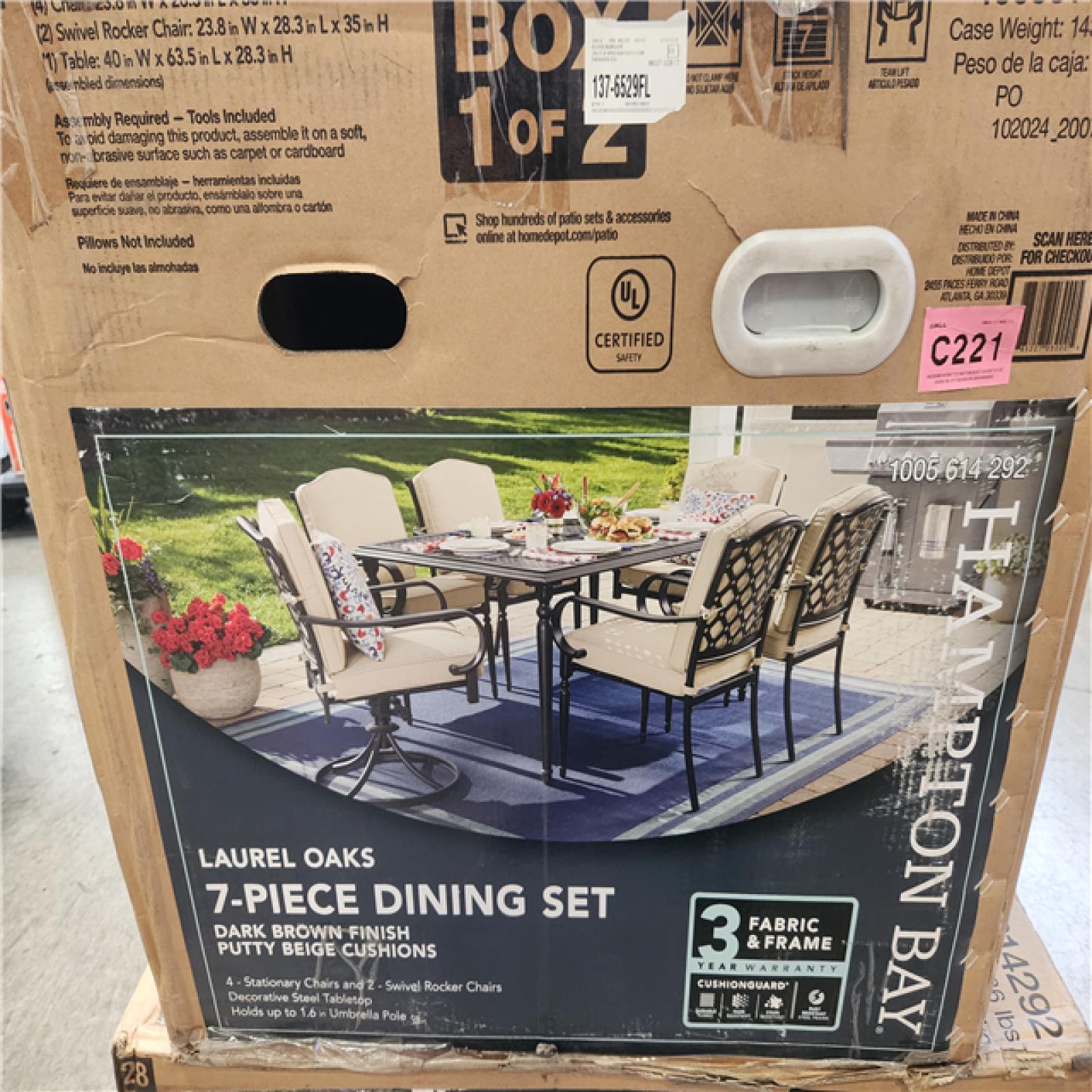 Phoenix Hampton Bay Laurel Oaks Dark Brown 7-Piece Metal Outdoor Dining Set with Cushion Guard Putty Cushions