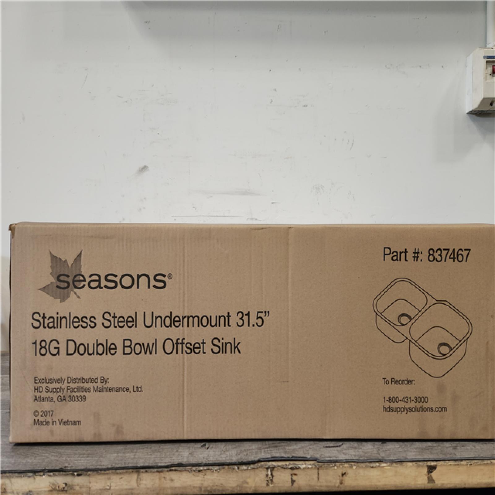 Phoenix Location NEW Seasons Stainless Steel Undermount 31.5 18G Double Bowl Offset Sink Pallet (14 Total) (SEALED)