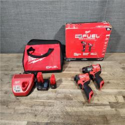 HOUSTON LOCATION - AS-IS Milwaukee M12 FUEL Cordless 2-Tool Combo Kit: 1/2Hammer Drill, 1/4Hex Impact Driver,3497-22