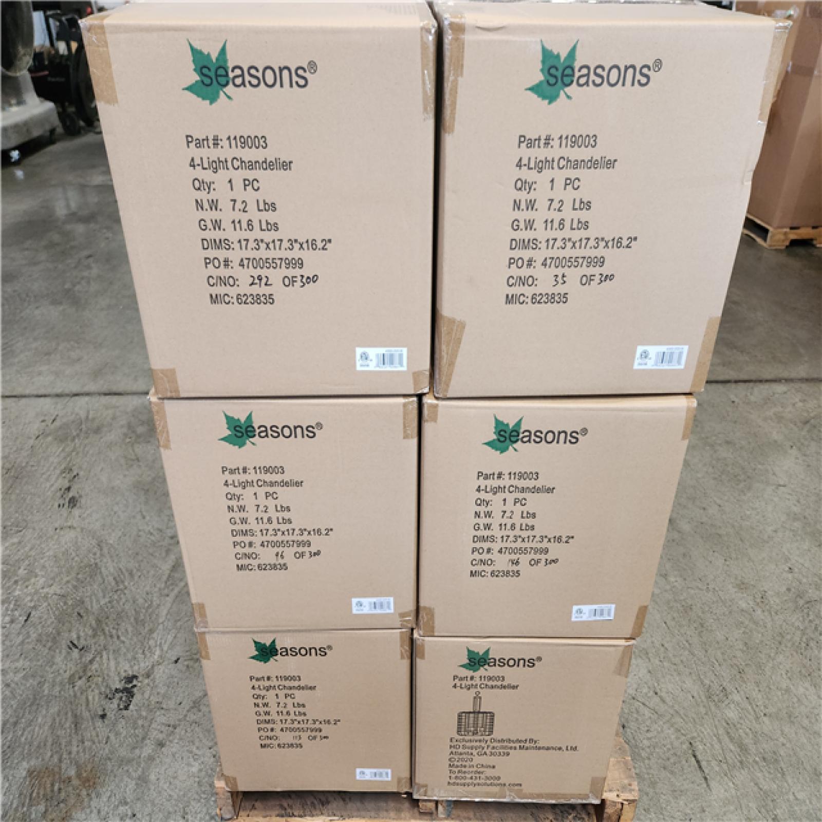 Phoenix Location NEW Seasons 4-Light Chandelier Part#: 1190003 Pallet (18 Total) (Sealed)