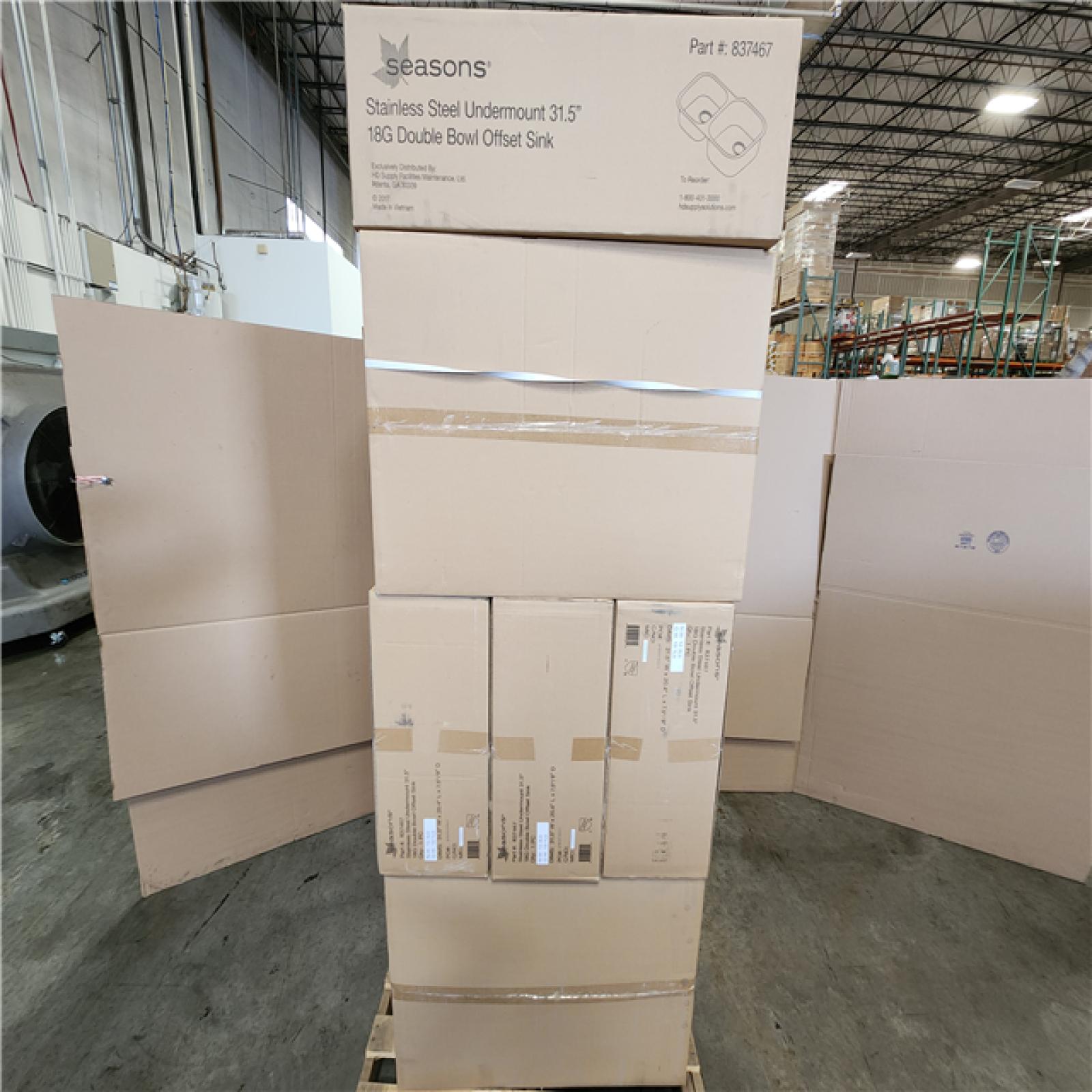 Phoenix Location NEW Seasons Stainless Steel Undermount 31.5 18G Double Bowl Offset Sink Pallet (14 Total) (SEALED)