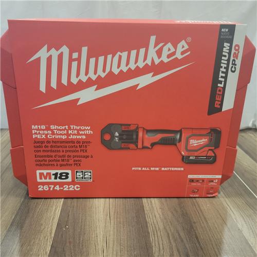 AS-IS Milwaukee M18 18V Lithium-Ion Cordless Short Throw Press Tool Kit with 3 PEX Crimp Jaws (2) 2.0 Ah Batteries and Charger