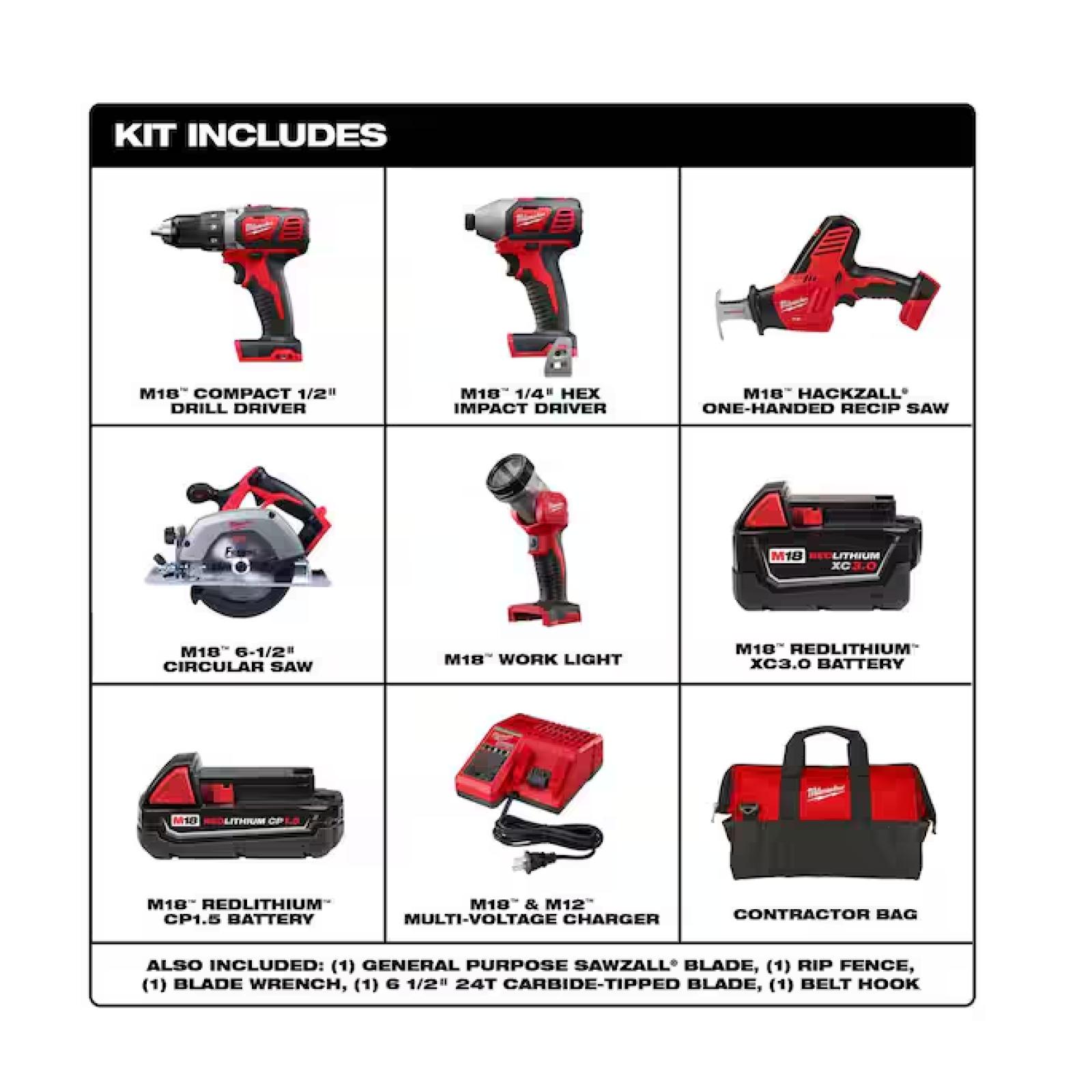 NEW! - Milwaukee M18 18V Lithium-Ion Cordless Combo Kit (5-Tool) with (1) 3.0Ah and (1) 1.5Ah Battery  (1) Charger  (1) Tool Bag