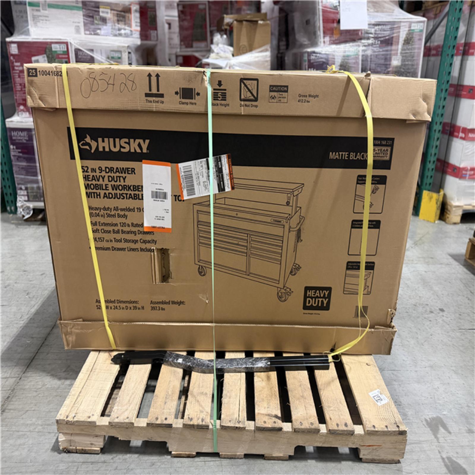 DALLAS LOCATION - Husky 52 in. W x 25 in. D Heavy Duty 9-Drawer Mobile Workbench Cabinet with Adjustable-Height Hardwood Top in Matte Black