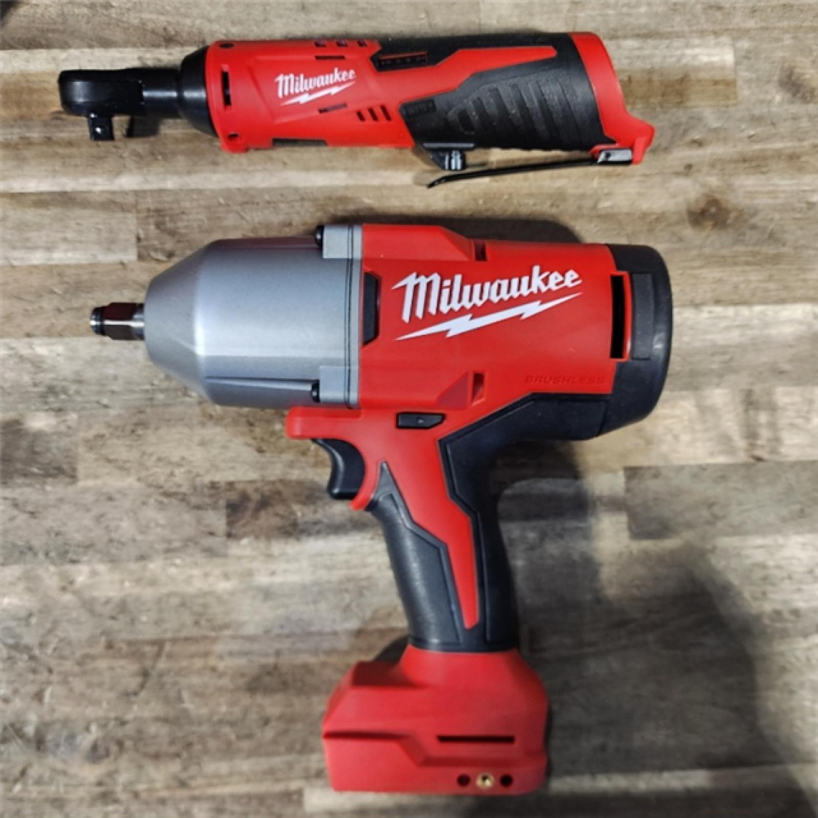 HOUSTON LOCATION - AS-IS Milwaukee M12/M18 12/18V Lithium-Ion Cordless 3/8 in. Ratchet and 1/2 in. High Torque Impact Wrench with Friction Ring Combo Kit