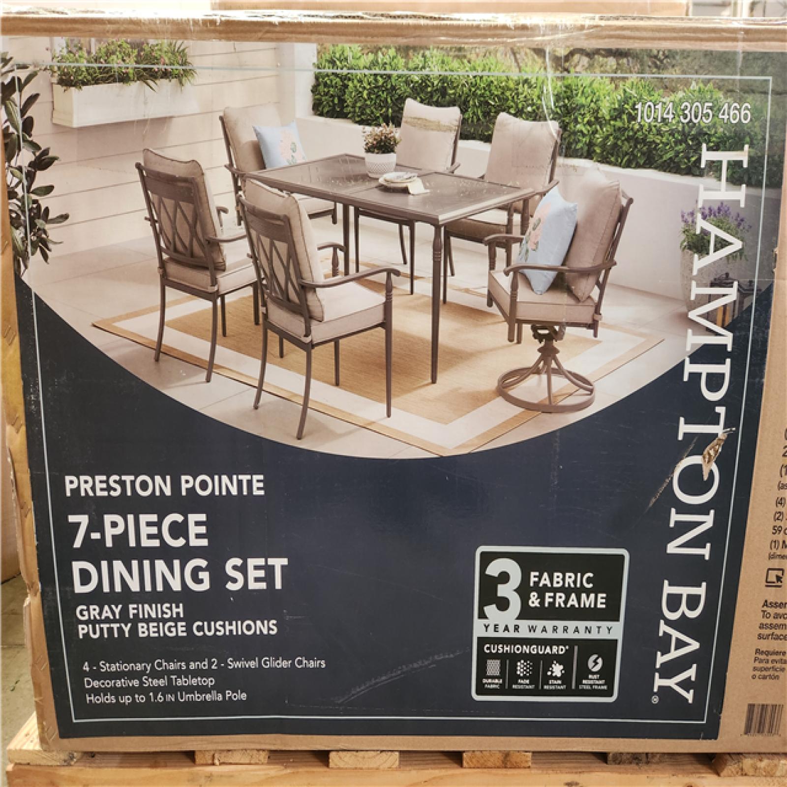 Phoenix NEW Hampton Bay Preston Pointe Dark Cement Gray 7-Piece Metal Outdoor Dining Set with CushionGuard Putty Cushions
