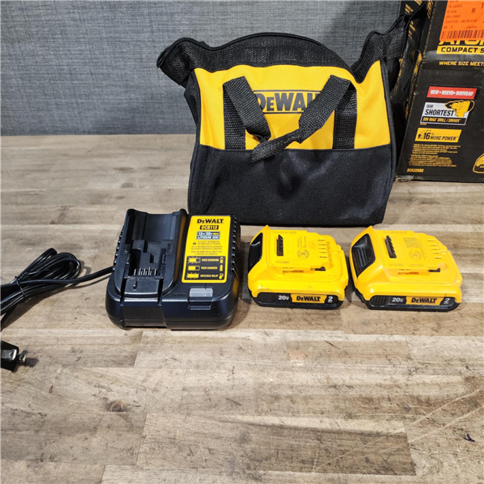 HOUSTON LOCATION - AS-IS Dewalt DCK225D2 20V MAX ATOMIC Brushless Compact Lithium-Ion 1/2 in. Cordless Drill Driver and 1/4 in. Impact Driver Combo Kit with 2 Batteries 2 Ah