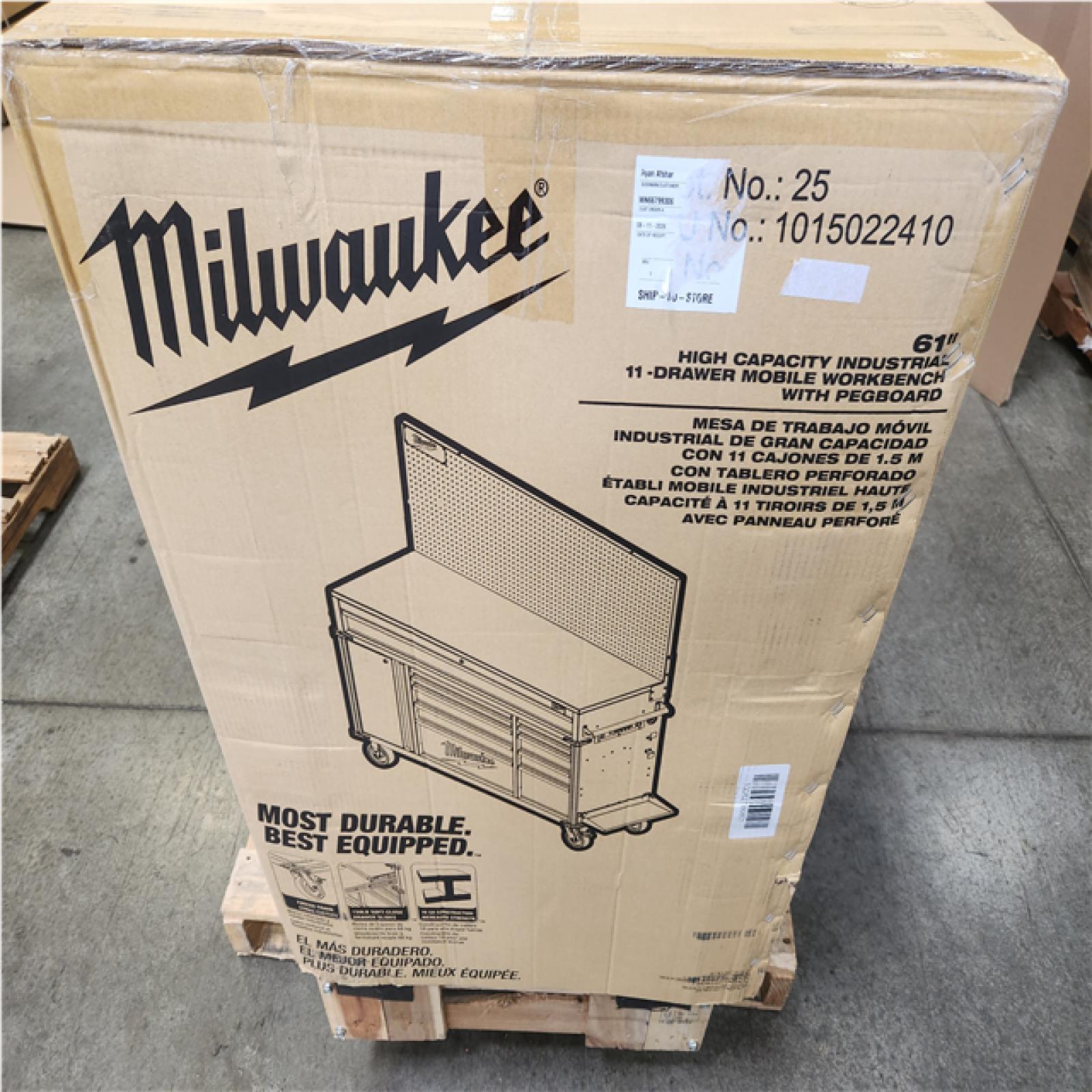 Phoenix NEW Milwaukee High Capacity 61 in. W x 22.1 in D 11-Drawer Mobile Workbench Cabinet with Solid Wood Top and Pegboard
