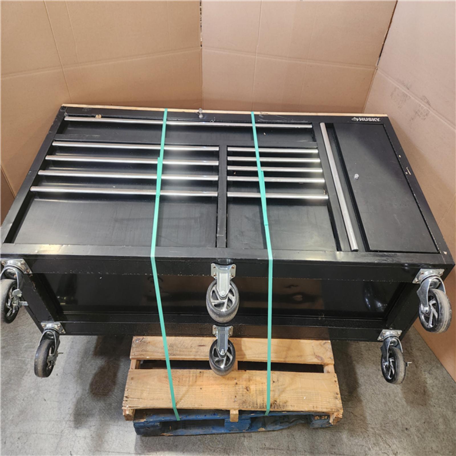 Phoenix AS-IS Husky Standard Duty 72 in. W x 20 in. D 10-Drawer Gloss Black Mobile Workbench Cabinet with Solid Wood Top