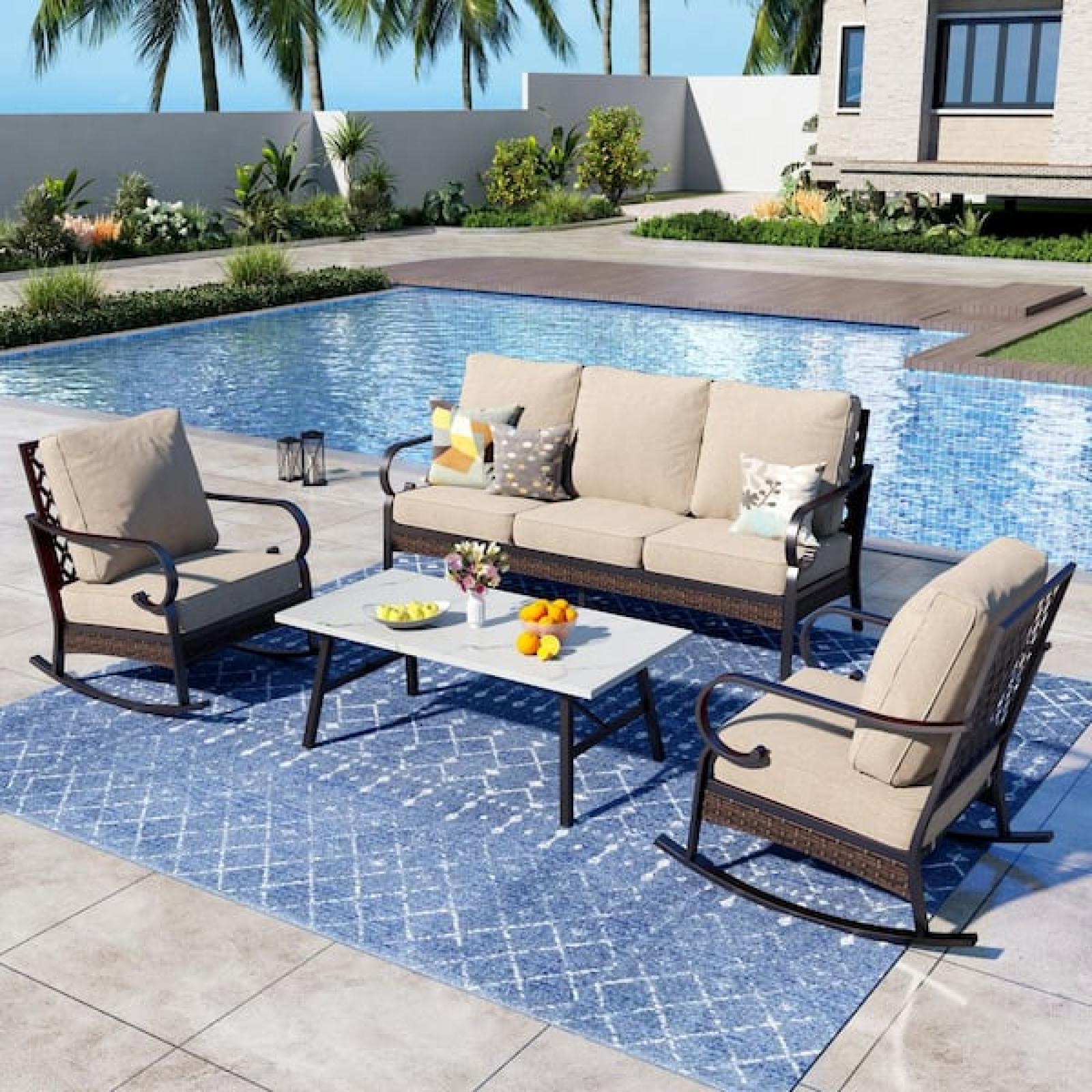 Phoenix NEW Premium Home Solutions 4-Piece Black Metal Outdoor Patio Conversation Set with Rocking Chairs  Marbling Coffee Table and Beige Cushions