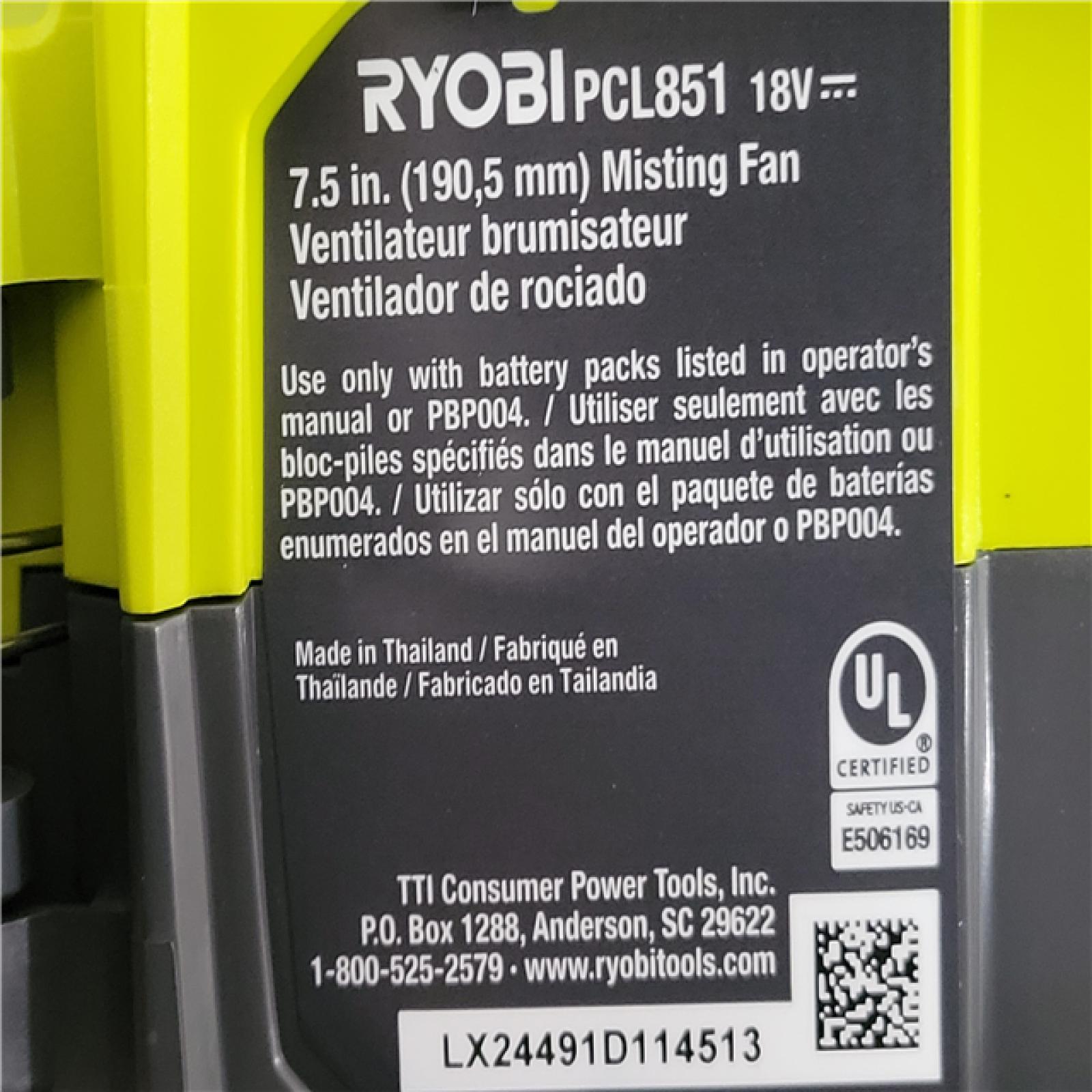 California NEW Ryobi One+ 18V 7.5 Bucket Top Misting Fan Kit  Includes (1) Battery & Charger