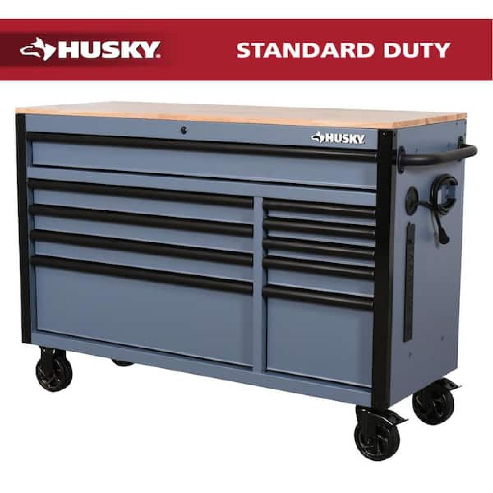 Phoenix NEW Husky Standard-Duty 52 in. W 10-Drawer Matte Cadet Gray Mobile Workbench Cabinet with Solid Wood Top