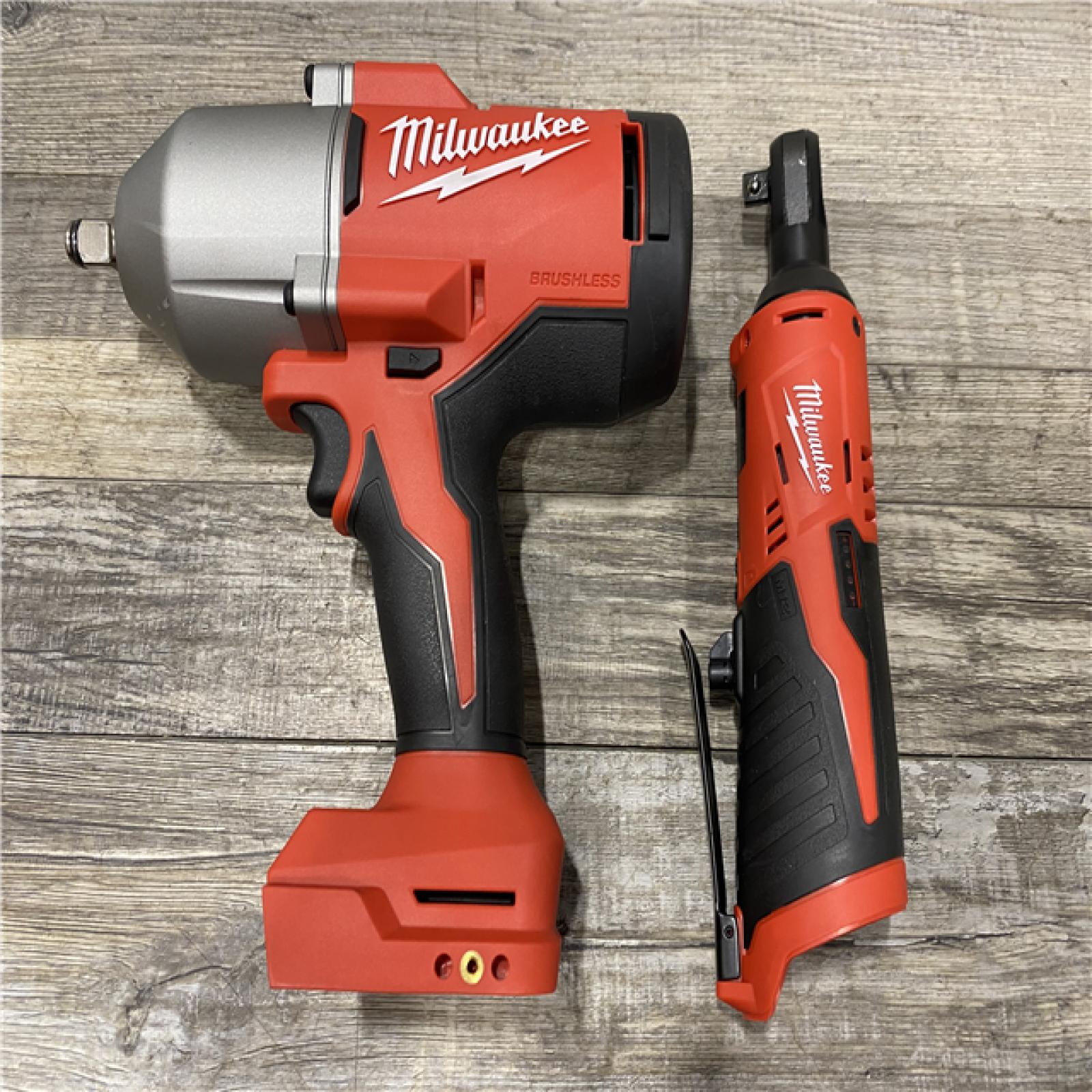 AS-IS Milwaukee 12/18V Lithium-Ion Cordless 3/8 in. Ratchet and 1/2 in. High Torque Impact Wrench with Friction Ring Combo Kit
