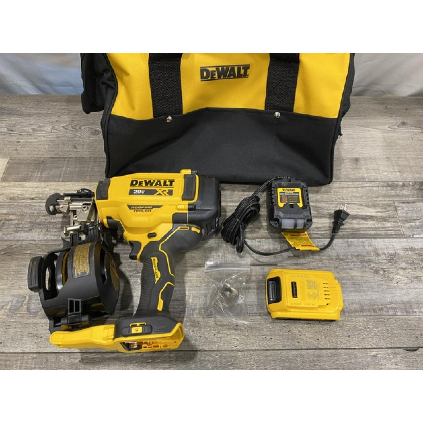 AS-IS DEWALT 20V MAX Lithium-Ion 15-Degree Electric Cordless Roofing Nailer Kit