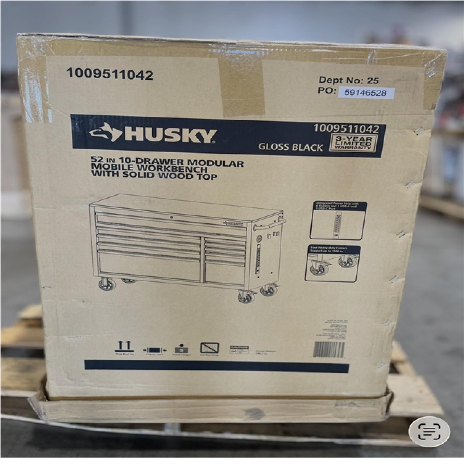 DALLAS LOCATION - AS IS - HUSKY 52 in. W x 20 in. D Standard Duty Black Mobile Workbench Cabinet W/ Wood Top (GLOSS BLACK)