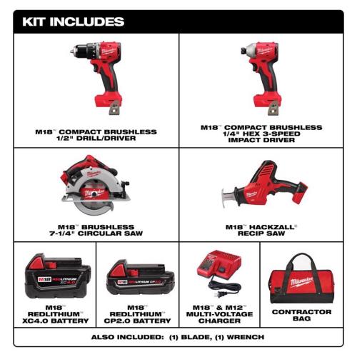 AS-IS Milwaukee M18 18-Volt Lithium-Ion Brushless Cordless Combo Kit (4-Tool) with 2-Batteries, 1-Charger and Tool Bag