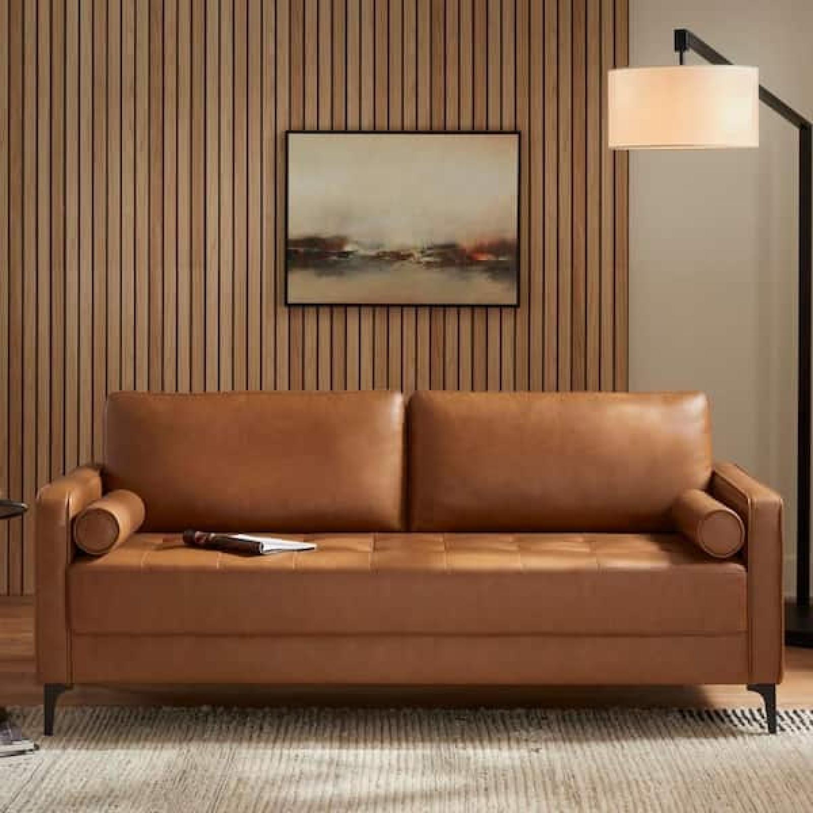 Phoenix LIKE NEW StyleWell Goodwin 75.6 in. Square Arm Faux Leather Rectangle Sofa with Bolster Pillows in Caramel Brown
