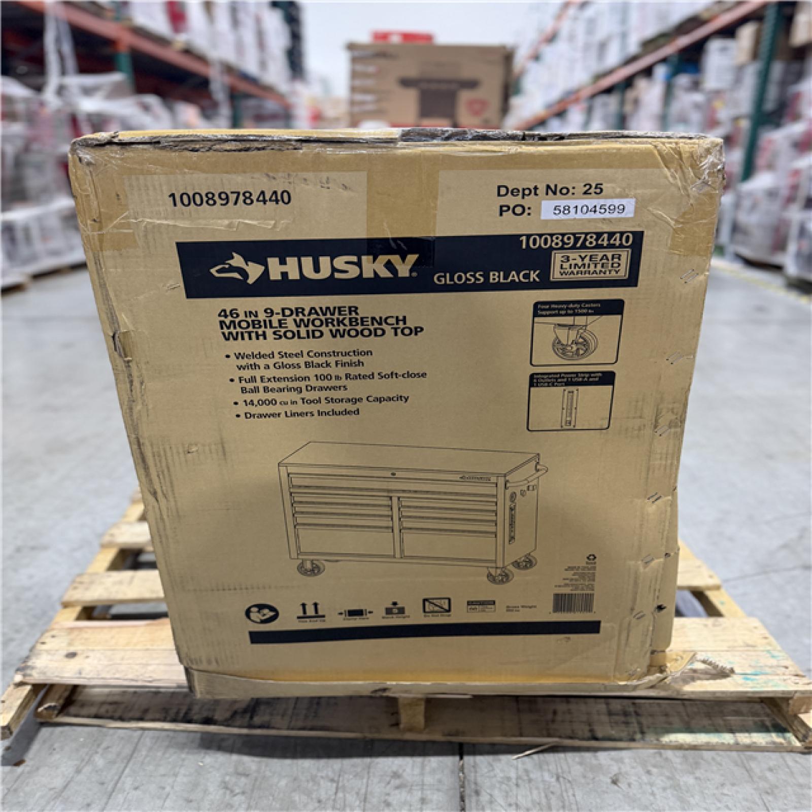 DALLAS LOCATION- AS-IS Husky Tool Storage 46 in. W x 18 in. D 9-Drawer Mobile Workbench Cabinet in Gloss Black