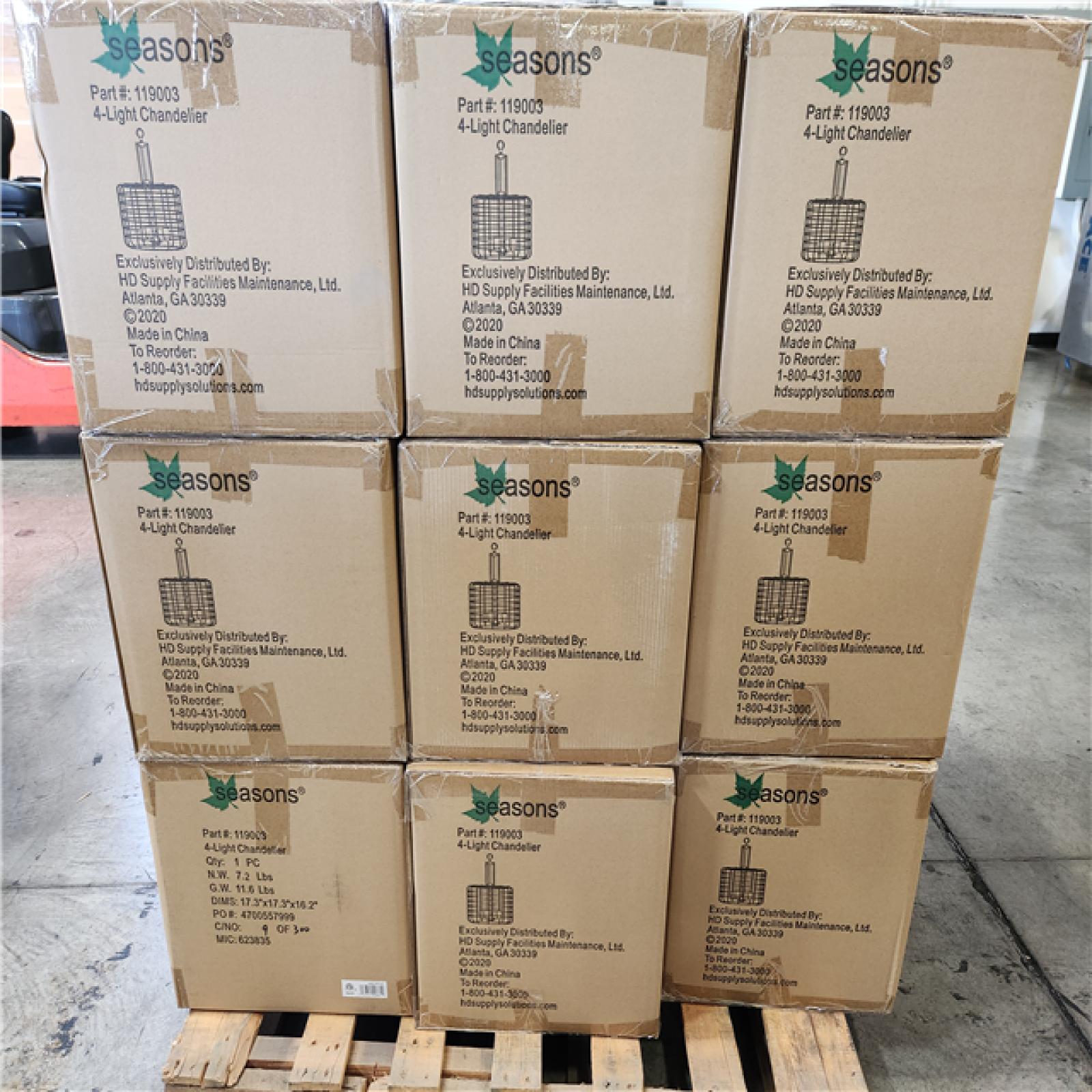 Phoenix Location NEW Seasons 4-Light Chandelier Part#: 1190003 Pallet (18 Total) (Sealed)