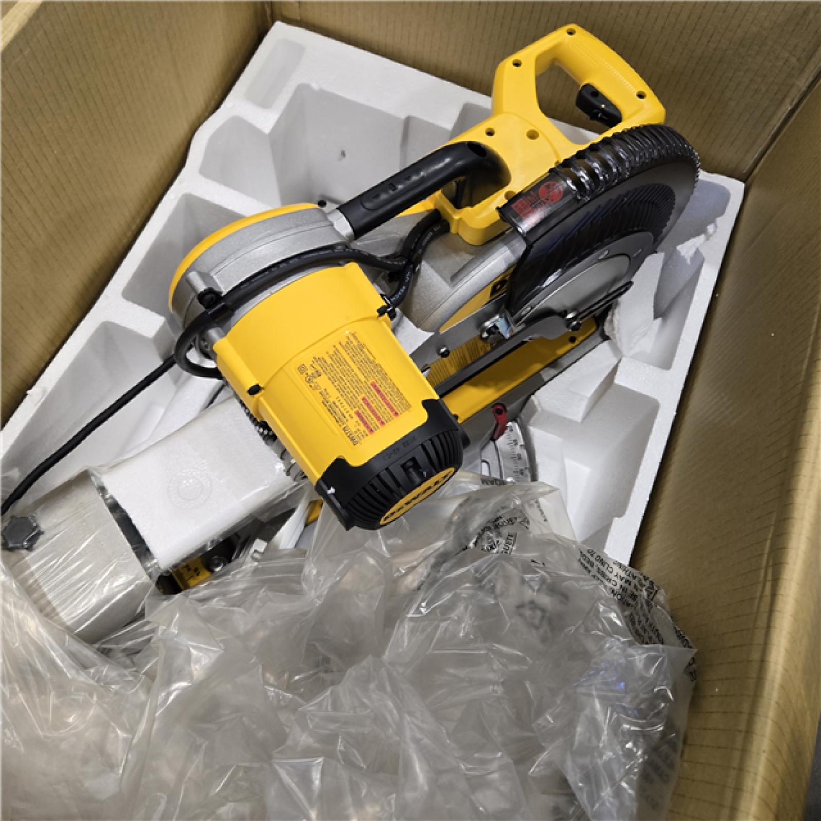 AS-IS  DEWALT 15 Amp Corded 12 in. Double Bevel Sliding Compound Miter Saw, Blade Wrench and Material Clamp
