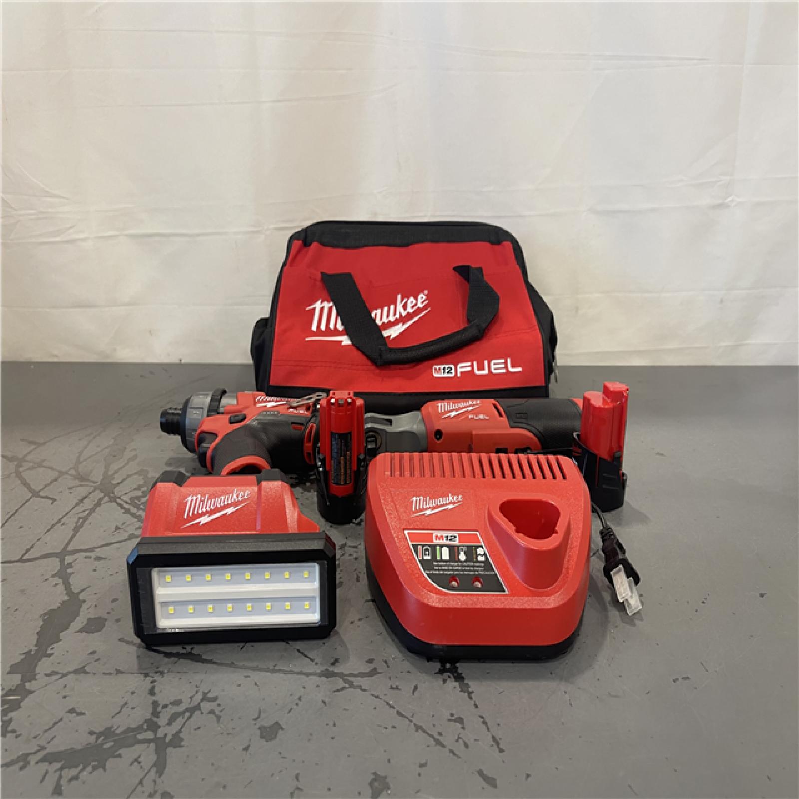 AS-IS- M12 12V Lithium-Ion Cordless Screwdriver, 3/8 in. High Speed Ratchet, Light Combo Kit (3-Tool) W/ 2 Batteries & Charger