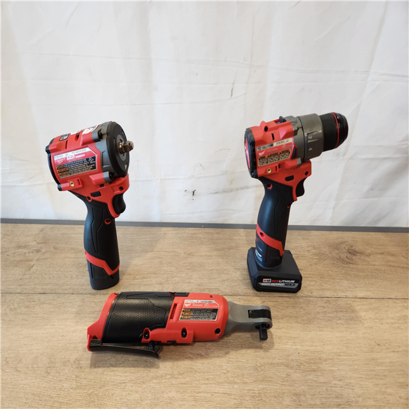 AS-IS- M12 FUEL 12V Lithium-Ion Cordless Drill Driver  Impact Wrench  and Ratchet Combo Kit (3-Tool) W/Batteries  Charger & Bag