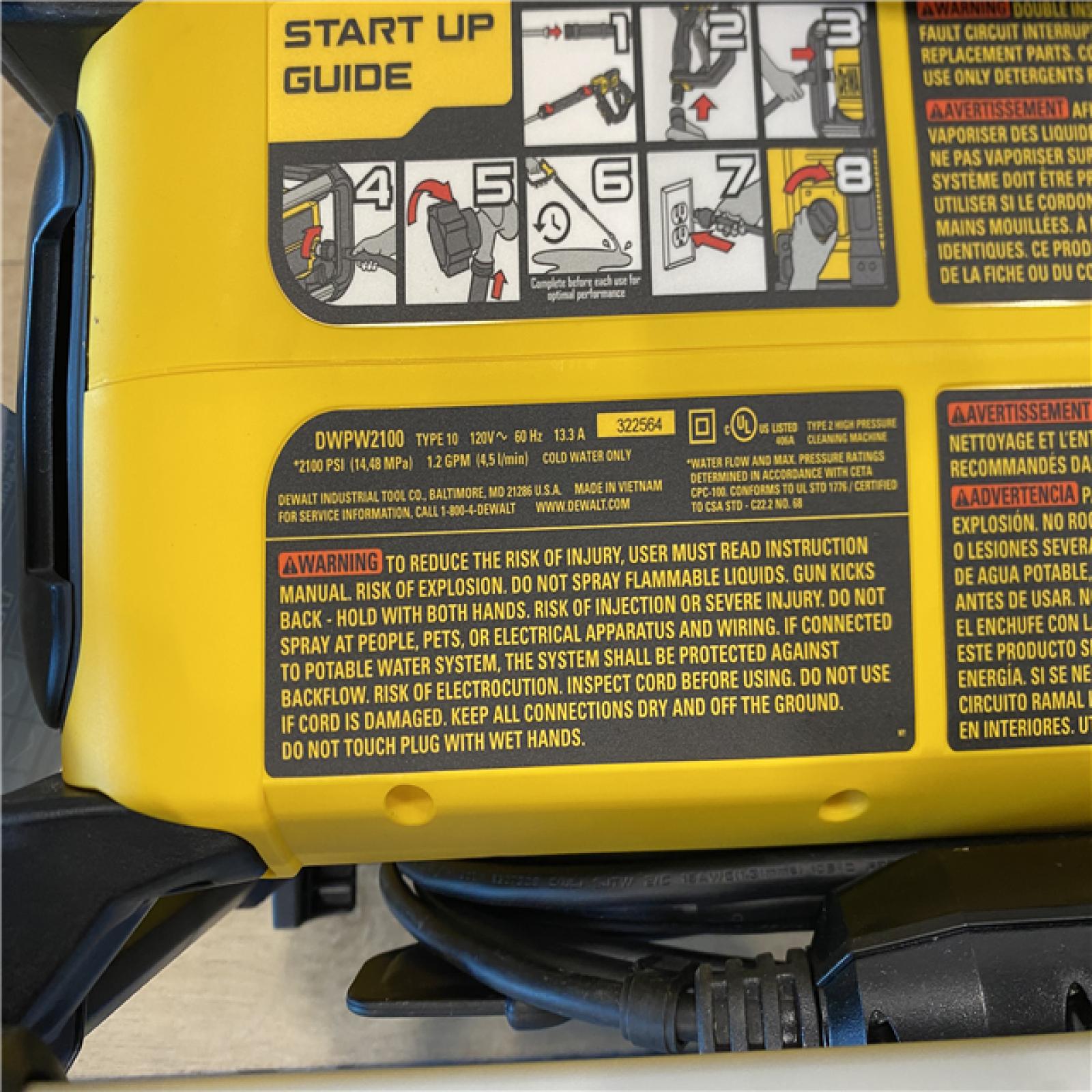 AS-IS DEWALT Electric Pressure Washer 2100 PSI Jobsite Power Washer DWPW2100