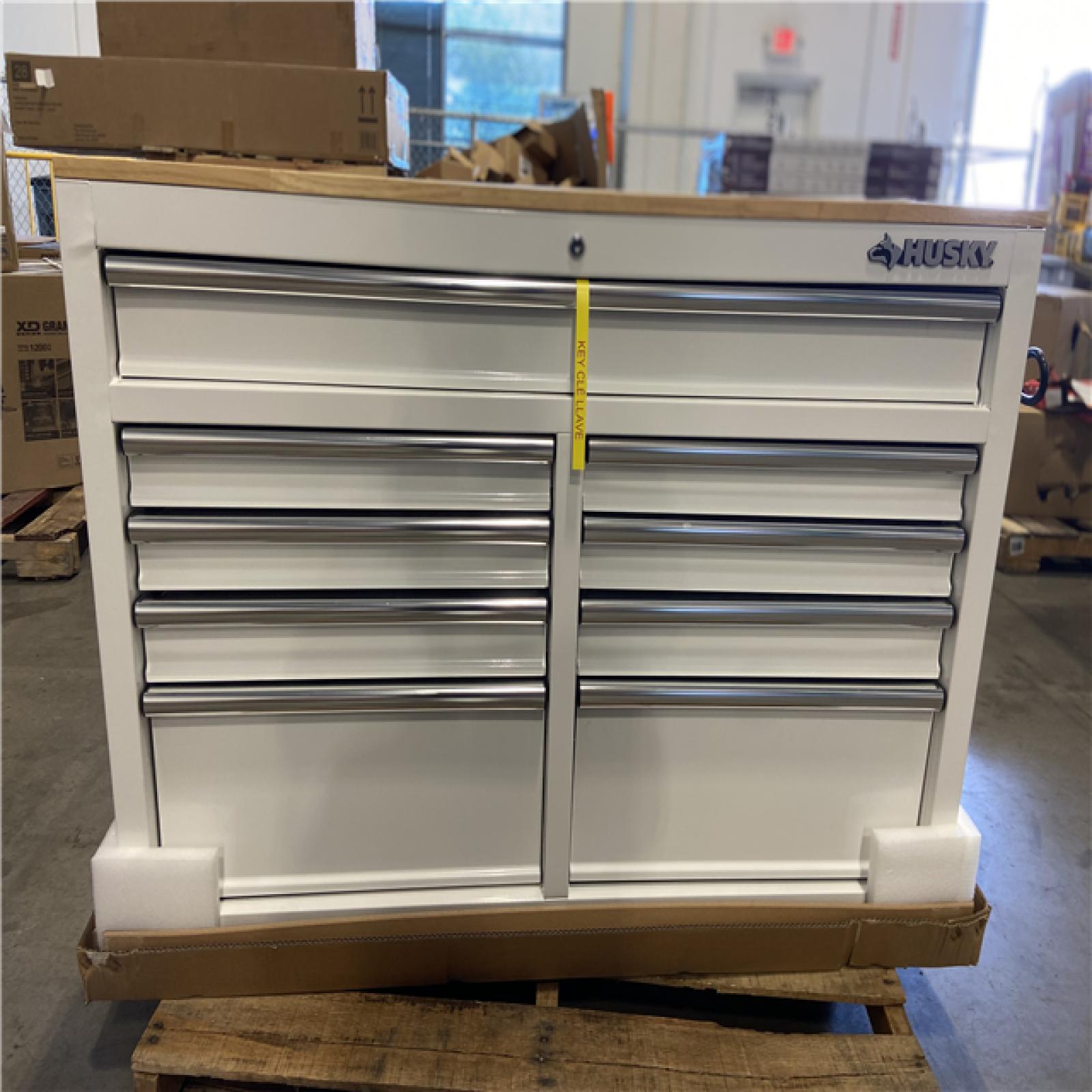 DALLAS LOCATION - Husky Tool Storage 46 in. W x 18 in. D 9-Drawer Gloss White Mobile Workbench Cabinet