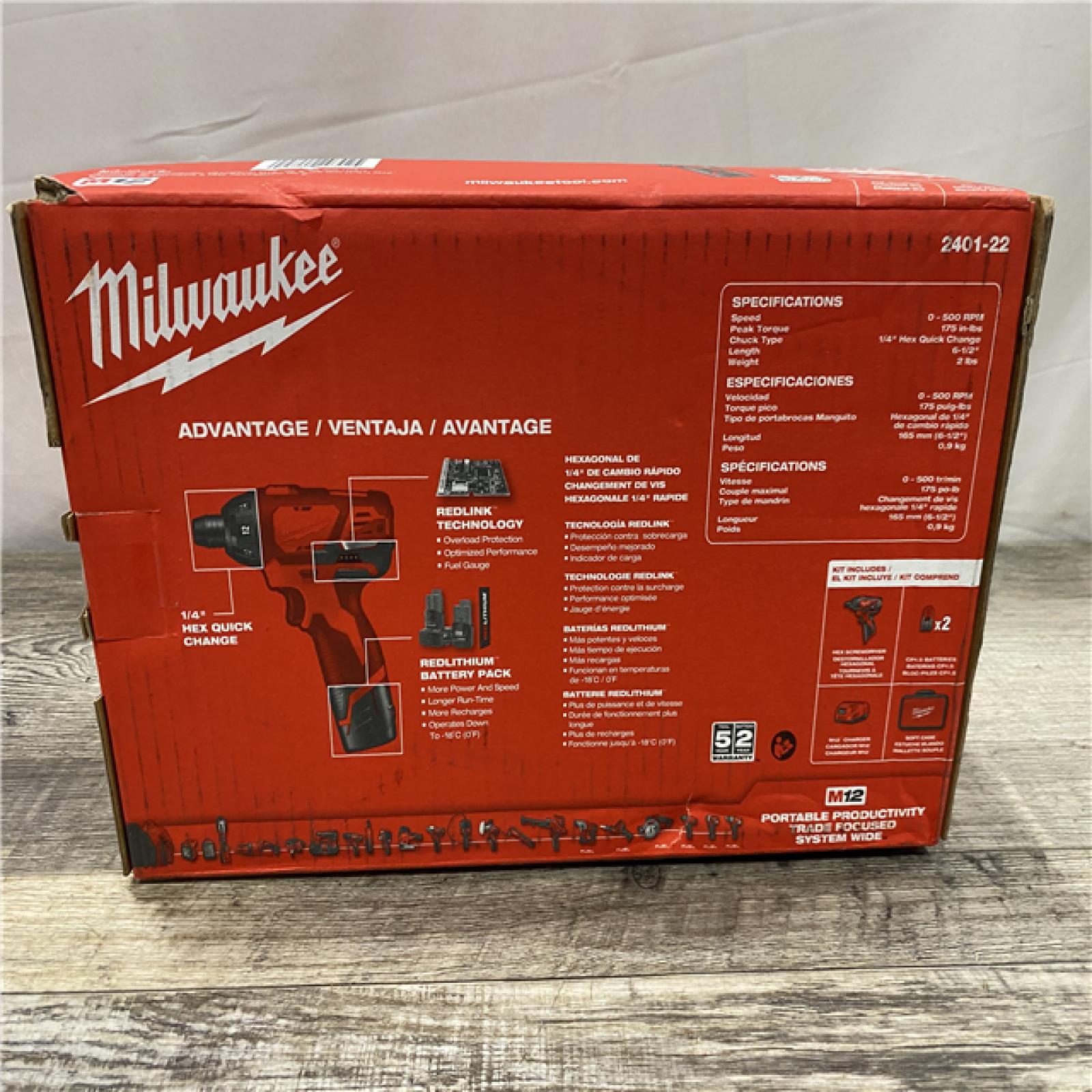 NEW - Milwaukee 12V Lithium-Ion Cordless 1/4 in. Hex Screwdriver Kit