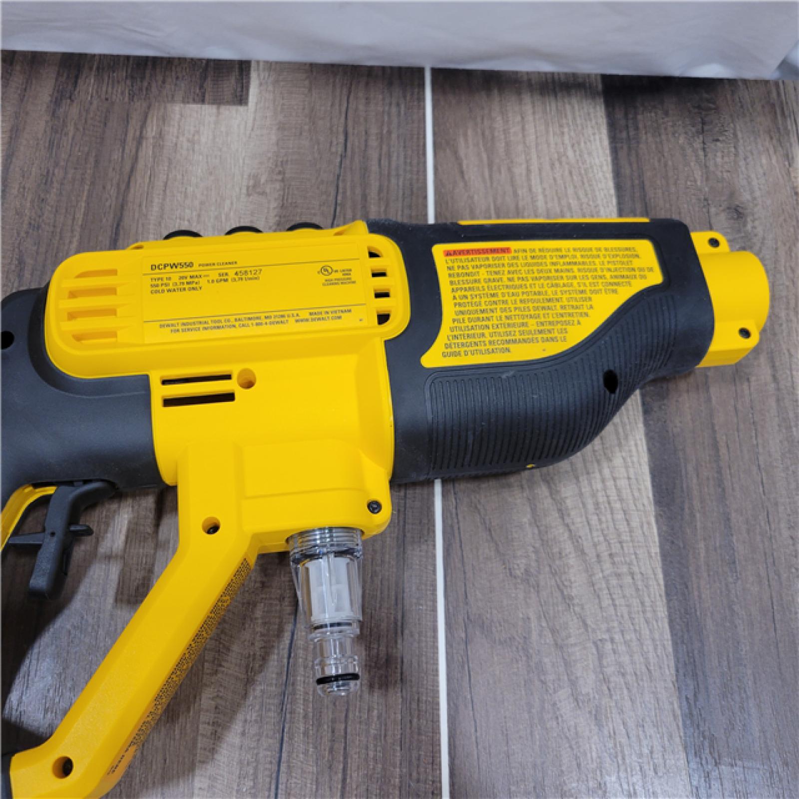 AS-IS  DEWALT  20V 550 PSI  1 GPM Cordless Power Cleaner W/ 4 Nozzles Tool-Only DCPW550B