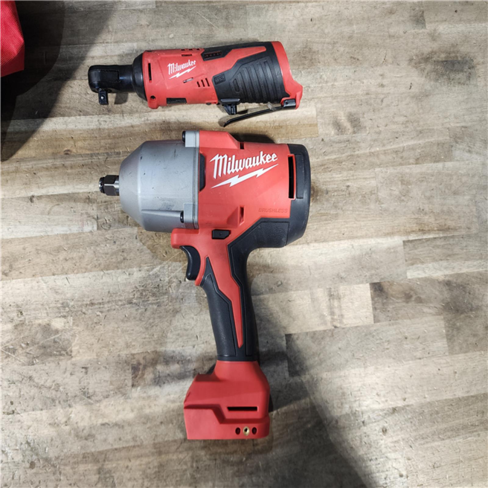 HOUSTON LOCATION - AS-IS Milwaukee 12/18V Lithium-Ion Cordless 3/8 in. Ratchet and 1/2 in. High Torque Impact Wrench with Friction Ring Combo Kit