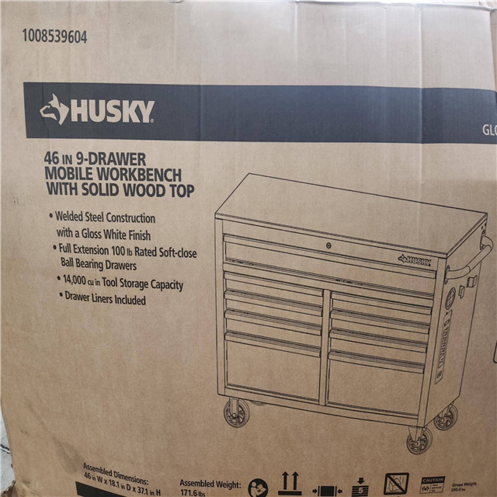 Phoenix AS-IS Husky Tool Storage 46 in. W x 18 in. D 9-Drawer Gloss White Mobile Workbench Cabinet