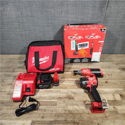 HOUSTON LOCATION - AS-IS (APPEARS LIKE NEW) Milwaukee FUEL 18V Cordless Mid Torque 1/2 in. Impact Wrench w/ M12 FUEL 3/8 in. Ratchet & Battery/Charger Combo Kit