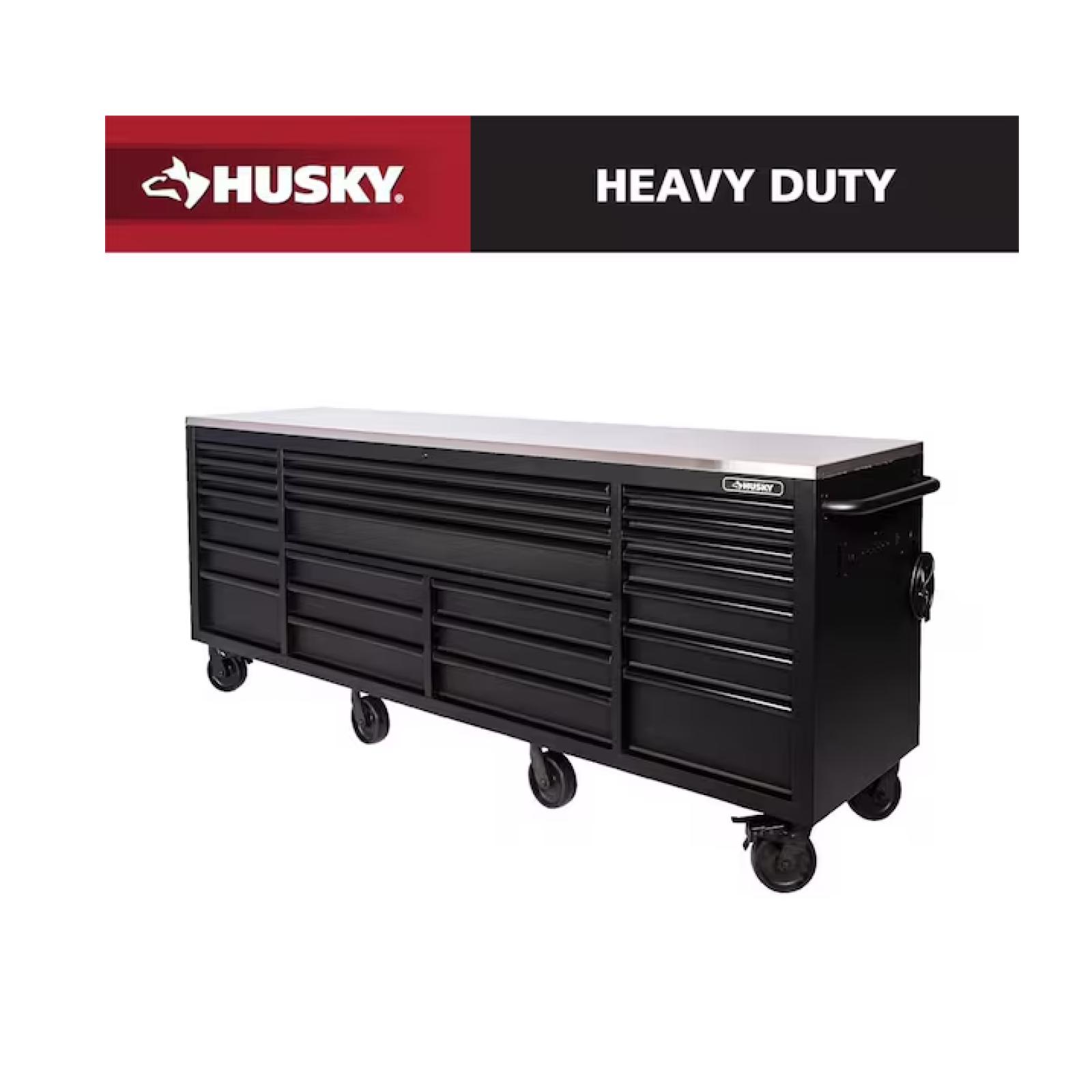 DALLAS LOCATION - Husky Tool Storage Heavy Duty 96 in. W x 24 in. D Matte Black Mobile Workbench Cabinet with Stainless Steel Top