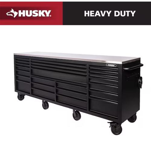 DALLAS LOCATION - Husky Tool Storage Heavy Duty 96 in. W x 24 in. D Matte Black Mobile Workbench Cabinet with Stainless Steel Top