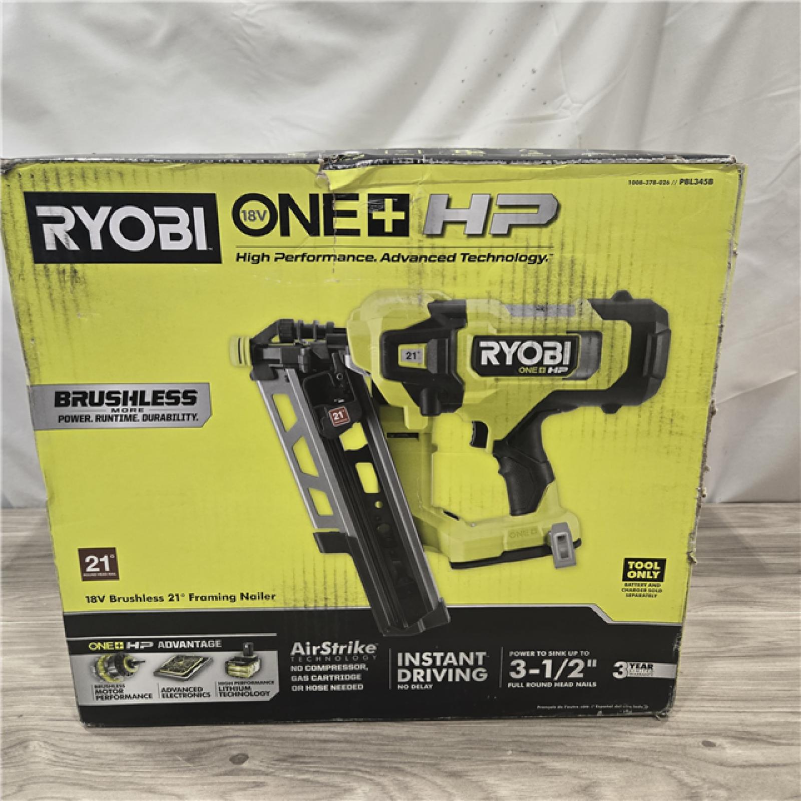 NEW! - RYOBI ONE+ HP 18V Brushless Cordless AirStrike 21° Framing Nailer (Tool Only)