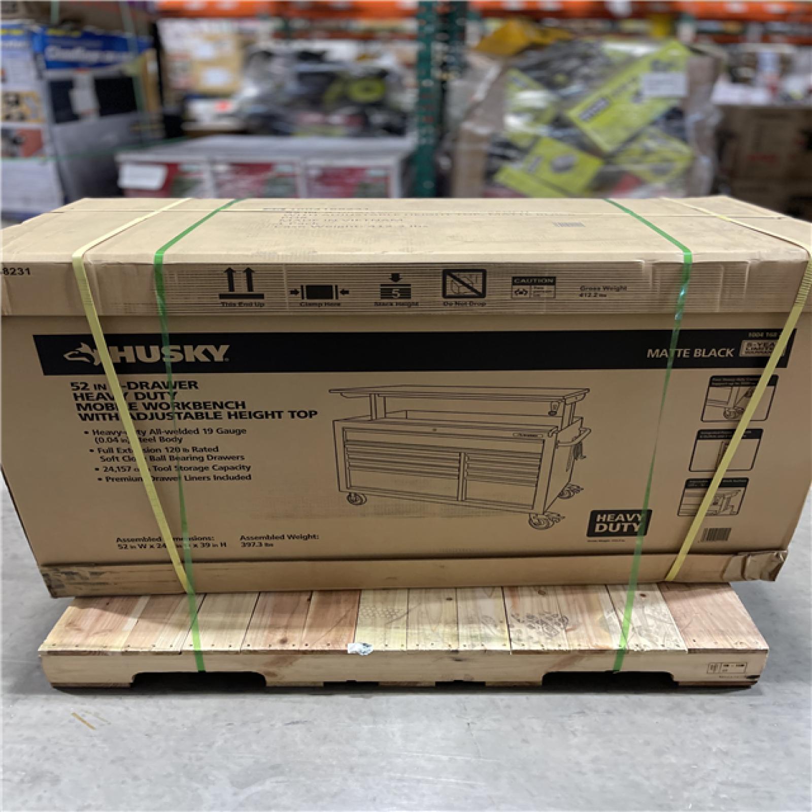 DALLAS LOCATION - Husky 52 in. W x 25 in. D Heavy Duty 9-Drawer Mobile Workbench Cabinet with Adjustable-Height Hardwood Top in Matte Black