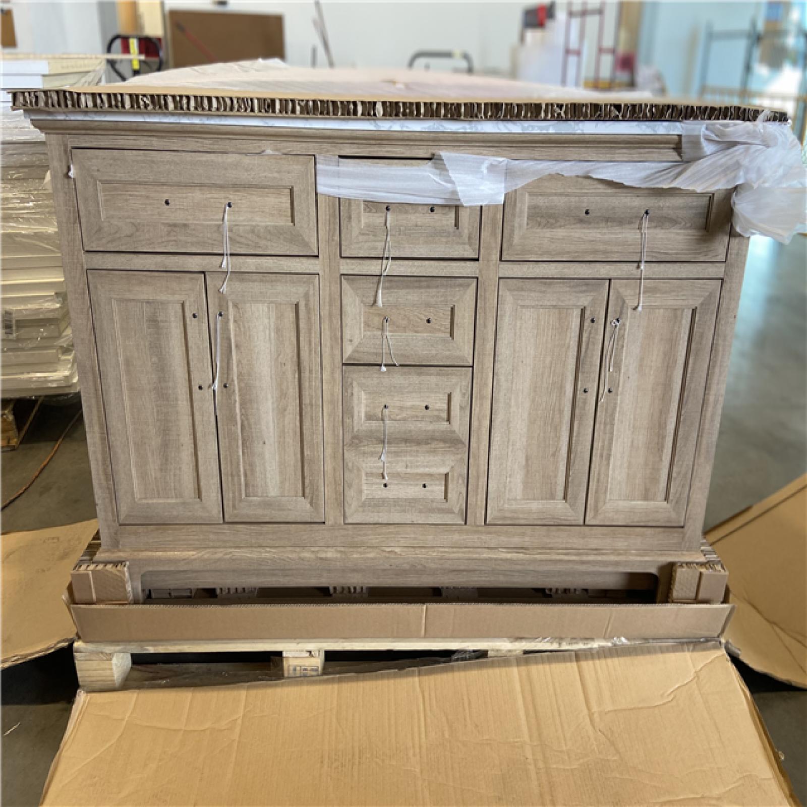 DALLAS LOCATION - Home Decorators Collection Doveton 60 in. Double Sink Freestanding Weathered Tan Bath Vanity with White Engineered Marble Top (Assembled)