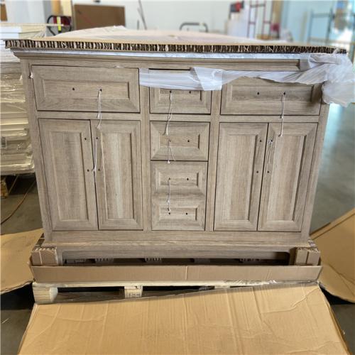 DALLAS LOCATION - Home Decorators Collection Doveton 60 in. Double Sink Freestanding Weathered Tan Bath Vanity with White Engineered Marble Top (Assembled)