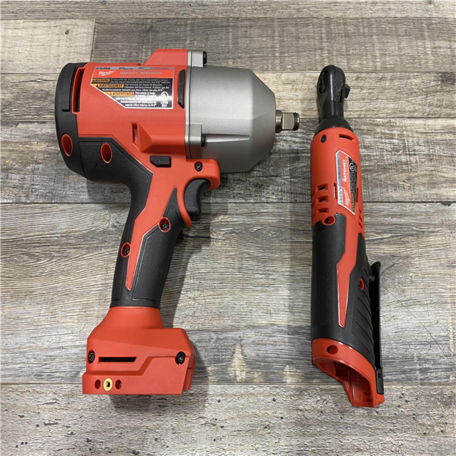 AS-IS Milwaukee 12/18V Lithium-Ion Cordless 3/8 in. Ratchet and 1/2 in. High Torque Impact Wrench with Friction Ring Combo Kit